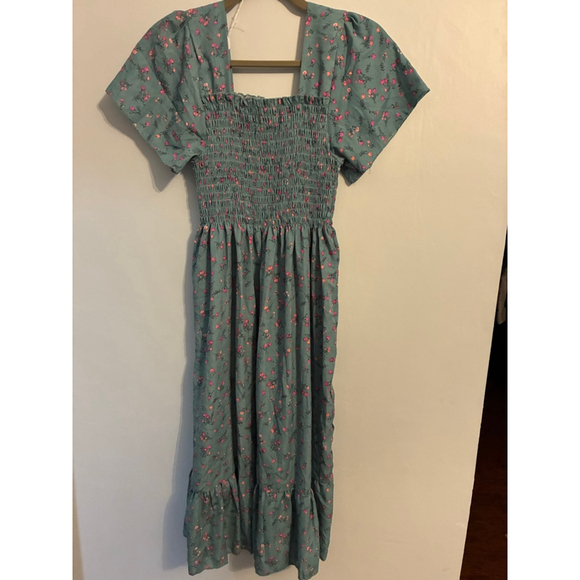 0125 Beautiful blue cottage-core dress with pink posies. Size- S/M - Picture 6 of 8